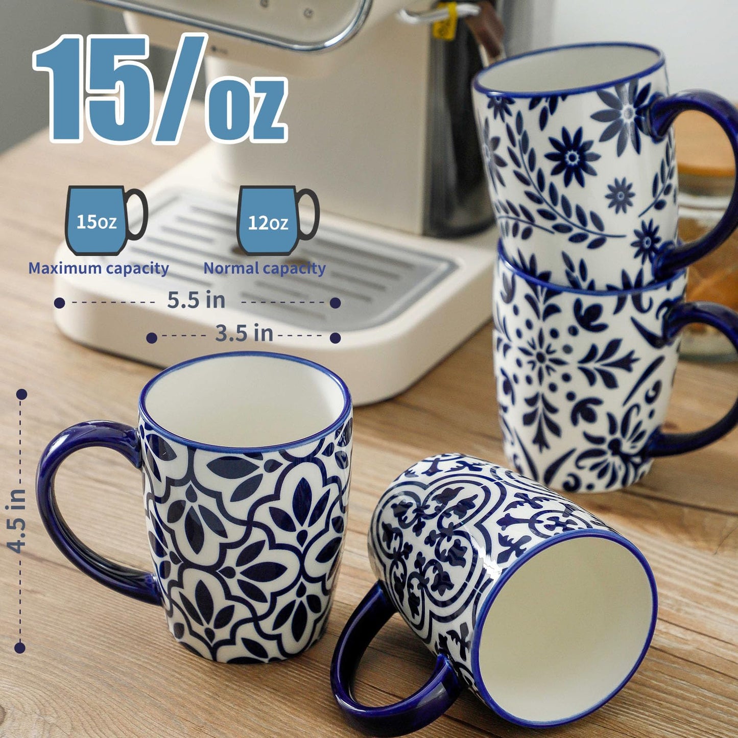 HASENSE 15OZ Coffee Mugs, Ceramic Coffee Mugs with Blue and White Floral Patterns