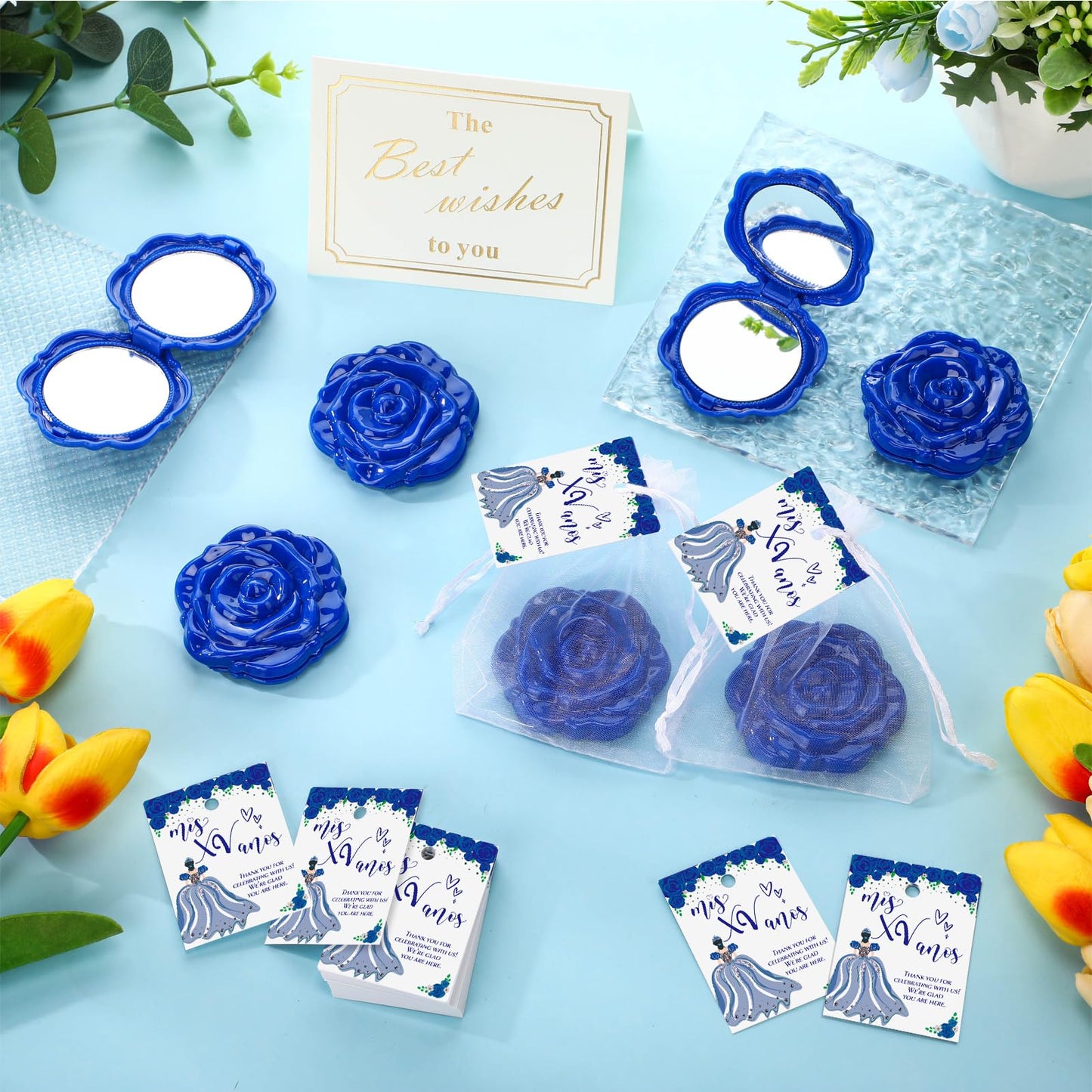 Rose Compact Mirror Party Favors with Cards and Organza Bags