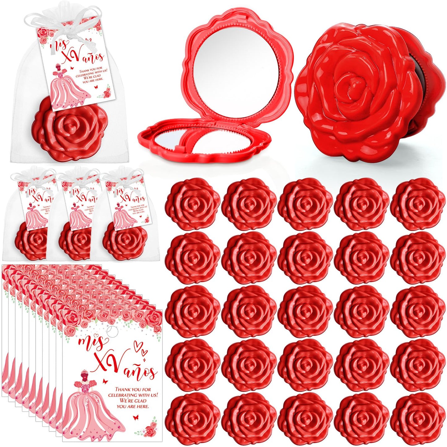 Rose Compact Mirror Party Favors with Cards and Organza Bags