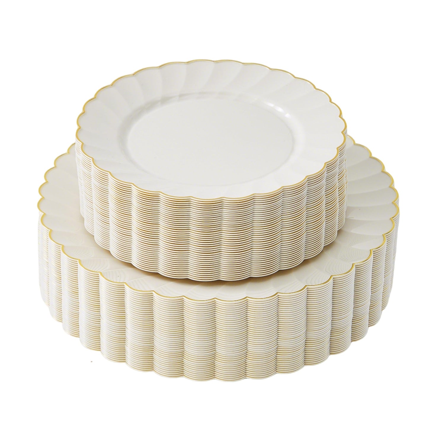 80-Piece Ivory Scalloped Plastic Plate Set with Gold Trim