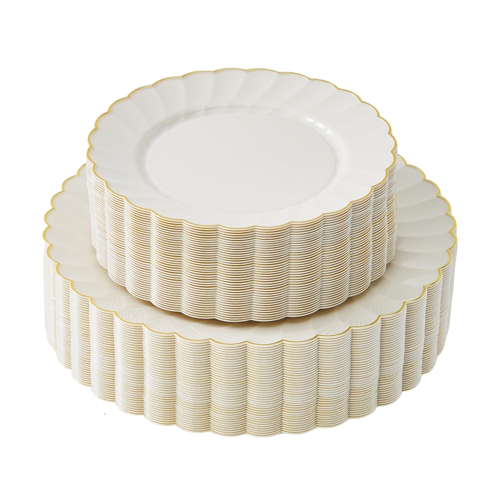 80-Piece Ivory Scalloped Plastic Plate Set with Gold Trim