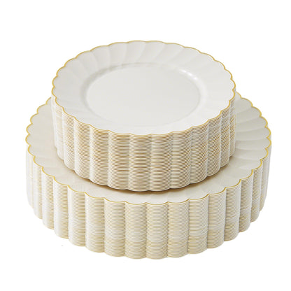 80-Piece Ivory Scalloped Plastic Plate Set with Gold Trim