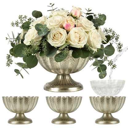 Set of 4 Antique Silver Metal Vases for Large Centerpieces