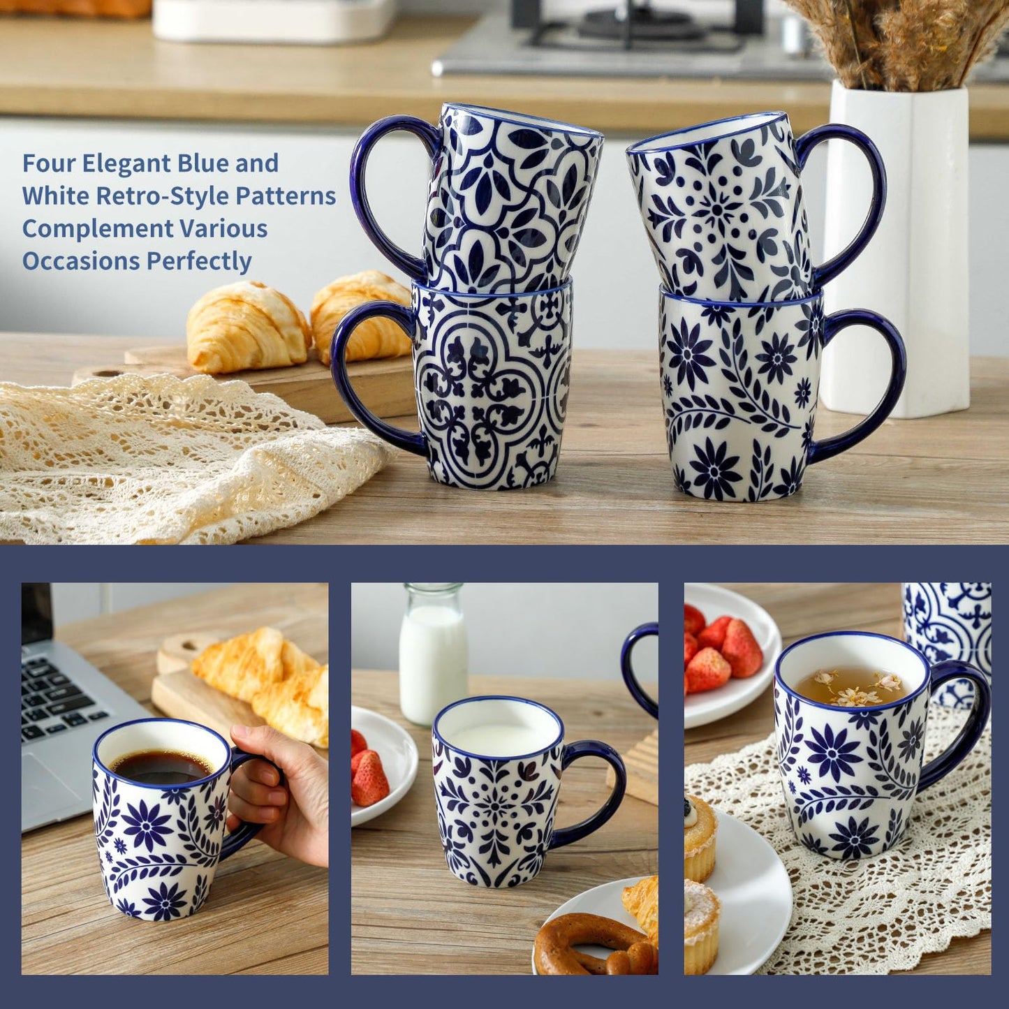 HASENSE 15OZ Coffee Mugs, Ceramic Coffee Mugs with Blue and White Floral Patterns