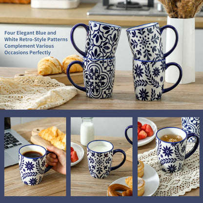 HASENSE 15OZ Coffee Mugs, Ceramic Coffee Mugs with Blue and White Floral Patterns