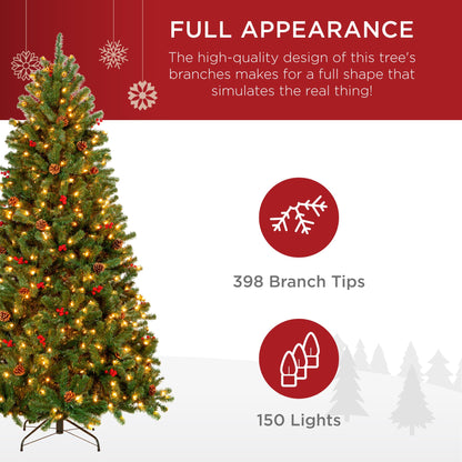 Pre-Lit Artificial Spruce Christmas Tree with Pinecones and Berries