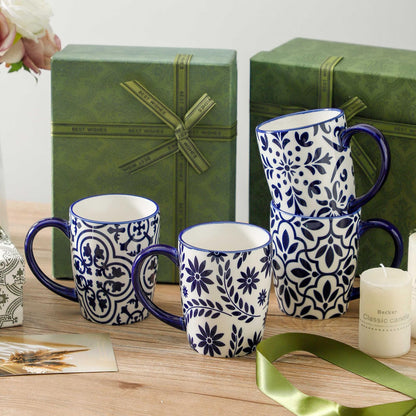 HASENSE 15OZ Coffee Mugs, Ceramic Coffee Mugs with Blue and White Floral Patterns