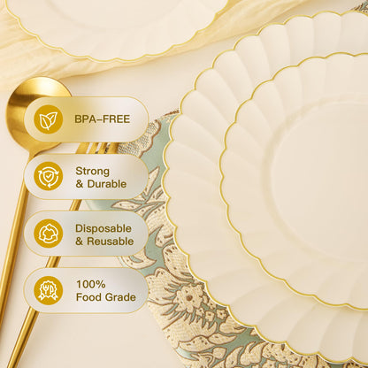80-Piece Ivory Scalloped Plastic Plate Set with Gold Trim