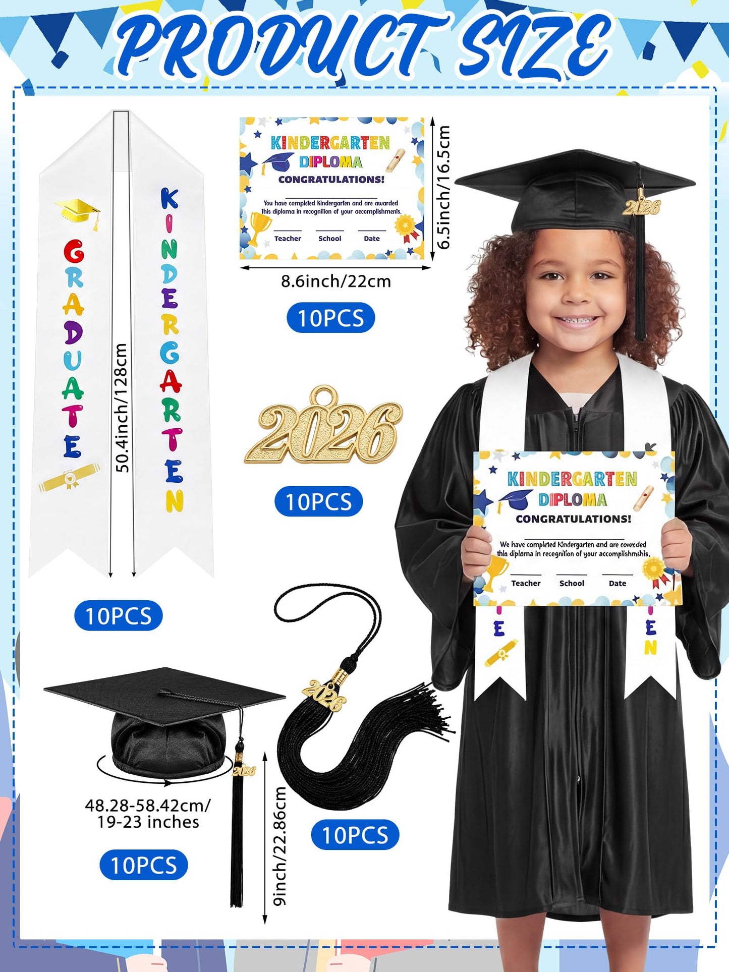 10-Set 2026 Kids Graduation Cap and Gown Set