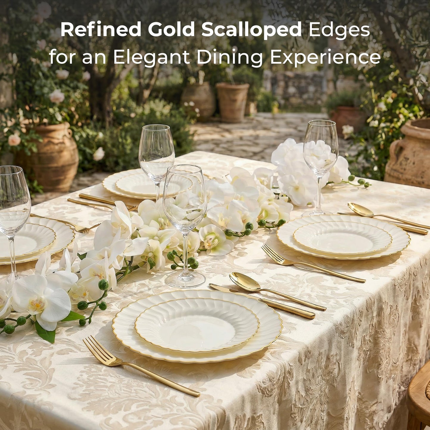80-Piece Ivory Scalloped Plastic Plate Set with Gold Trim