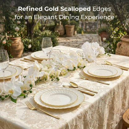 80-Piece Ivory Scalloped Plastic Plate Set with Gold Trim