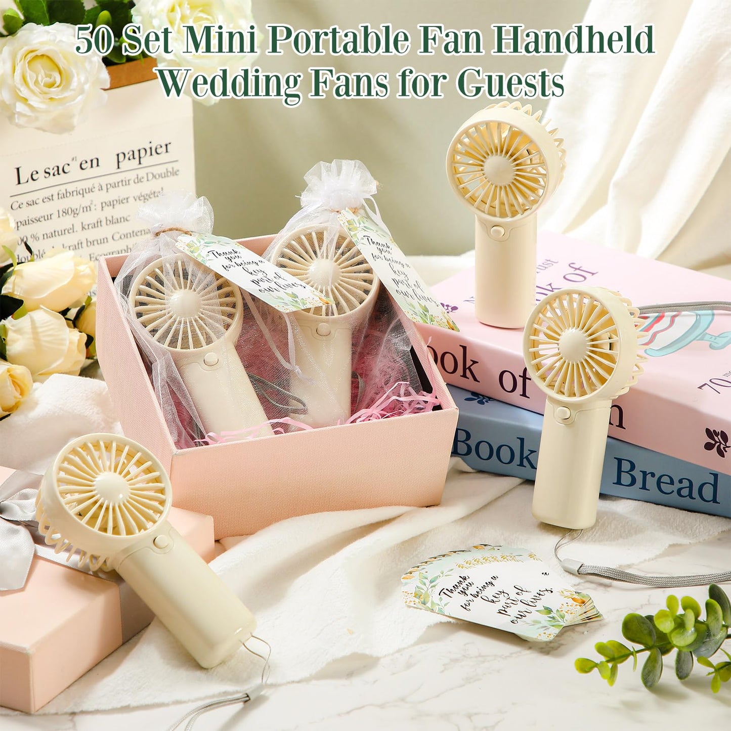 50-Pack Mini Handheld Fans with Gift Bags and Thank You Cards