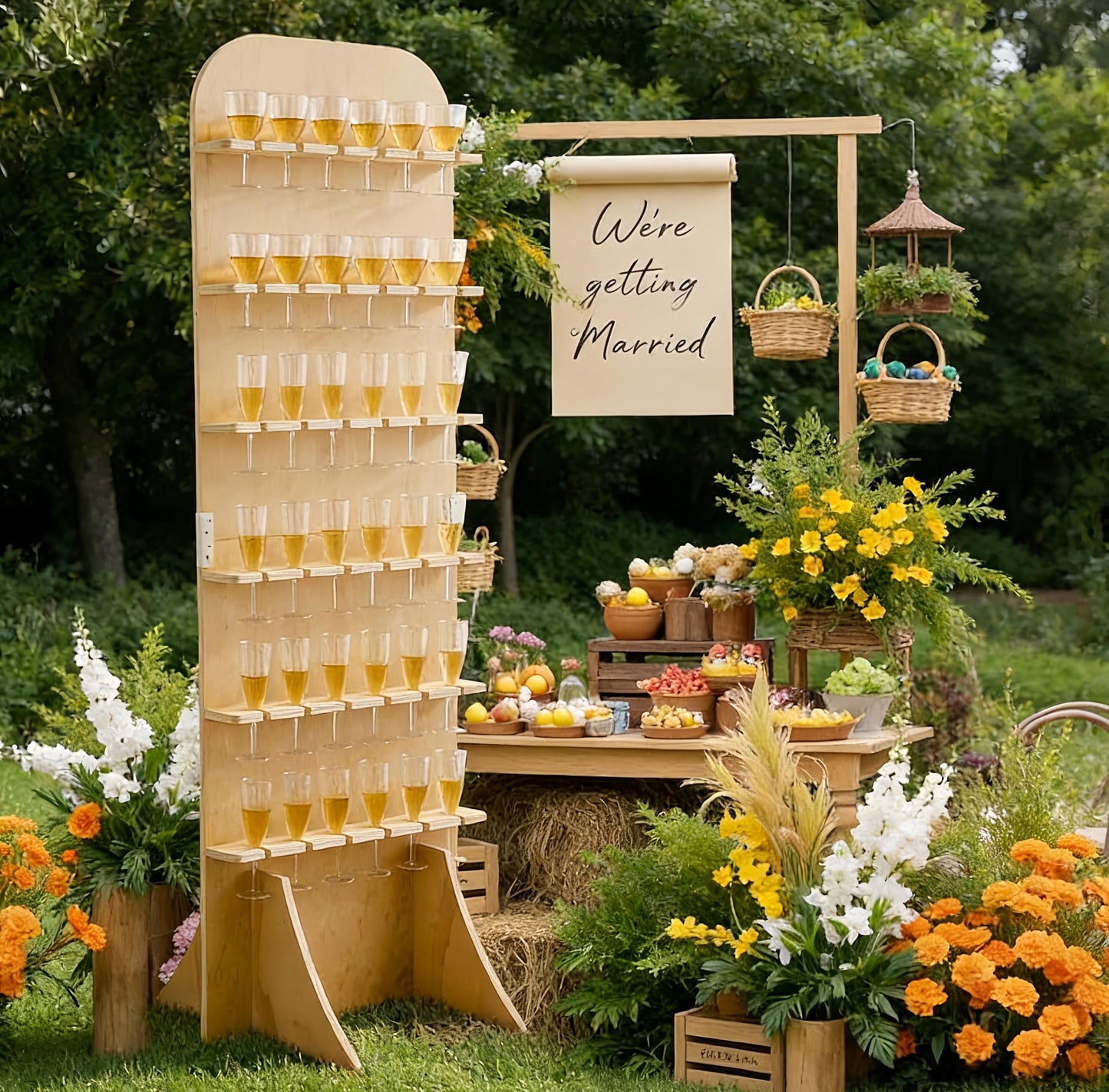 Sicrifety 5.9 ft 6-Tier Champagne Wall Holder, Wood Champagne Wall